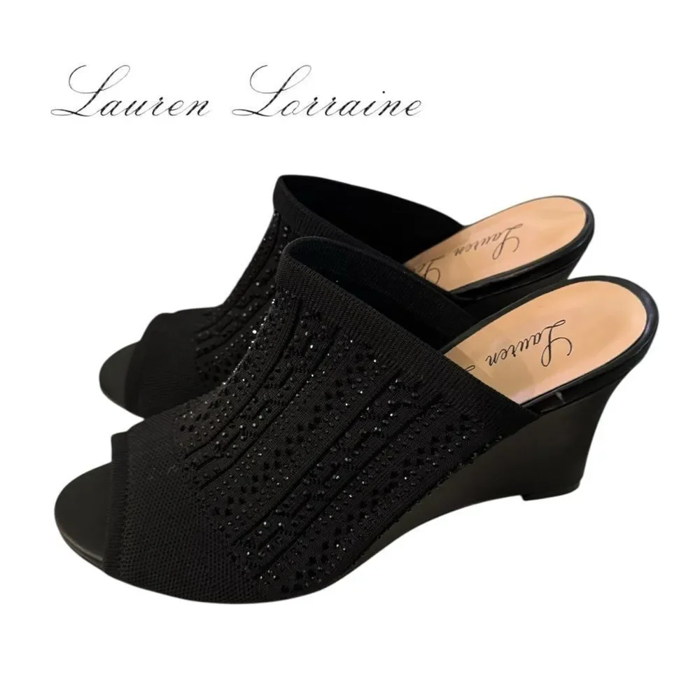 New Lauren Lorraine Martha Women’s Black Rhinestone Embellished Wedge Sandals 10